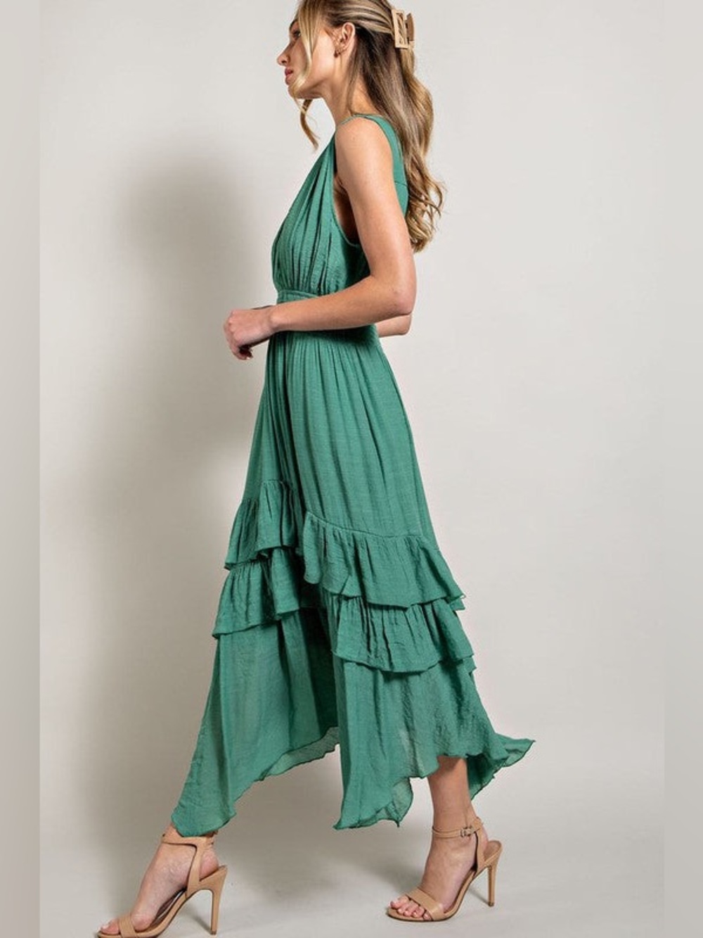eesome Teal Green V‑Neck High‑Low Ruffle Maxi Dress - Picture 3 of 14